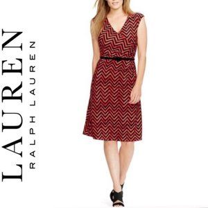 "LAUREN RALPH LAUREN" RED ZIG-ZAG PRINT RUCHED SIDE SURPLICE DRESS SIZE: 1X NWT